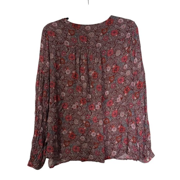Lucky Brand Floral Bohemian Red Blouse V-Neck Loose Stretchy Tie Sleeve Size XL - Picture 2 of 9